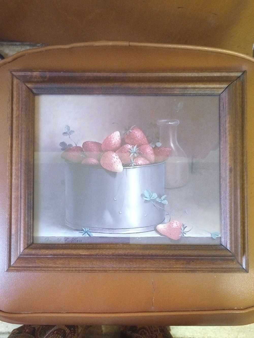 Vintage Strawberry Wall Art in Wood Frame w/ Glass. Red Green Silver